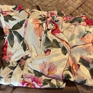 Victoria's Secret White Floral Satin Pajama Set with Pink and Green Accents